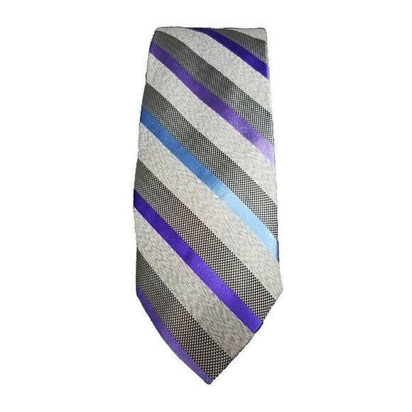 Pronto Uomo Men's Warehouse Tie Gray Blue Purple Stripe Silk Blend NWT $49.99 - Picture 1 of 9